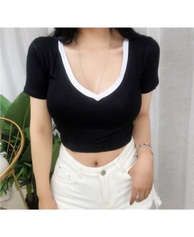 Y2K V-Neck Crop Top Women Sexy Summer T-shirt Woman Patchwork Short Sleeve Tee Shirt Skinny Slim Tshirt Fashion Clothes $14.7...