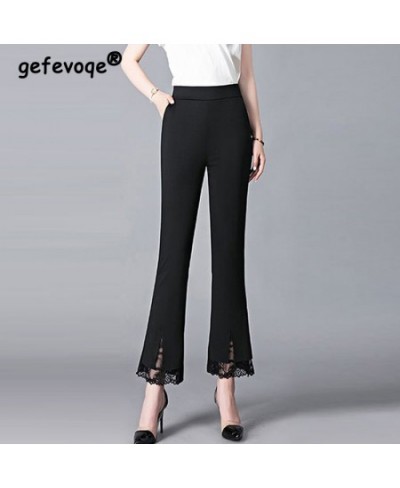 Summer Elegant Chic Lace Patchwork Trousers Women Fashion Korean Office Lady Black White High Waist Slim All-match Flared Pan...