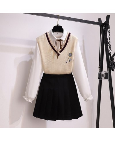 2023 Women's 3pcs Suit Student Style Kit Long Sleeve Blouse+ Knitted Vest+ Mini Skirt Spring Outfits Female Three Piece Sets ...