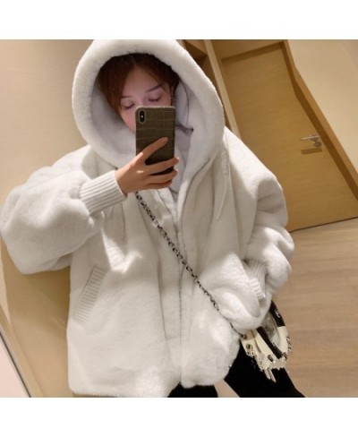 Winter white oversized faux fur jacket women with hood raglan sleeve zipper Korean fashion clothing for womens 2022 $55.56 - ...