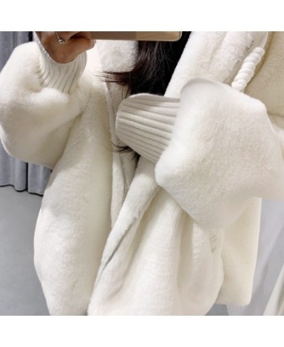 Winter white oversized faux fur jacket women with hood raglan sleeve zipper Korean fashion clothing for womens 2022 $55.56 - ...