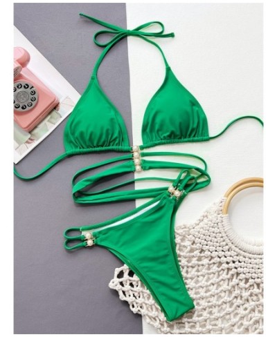 Para Praia Green Brazilian Bikini Women Halter Swimsuit 2023 Hollow Out Swimwear Cross Bandage Bikini Sexy Bathing Suit $31.5...