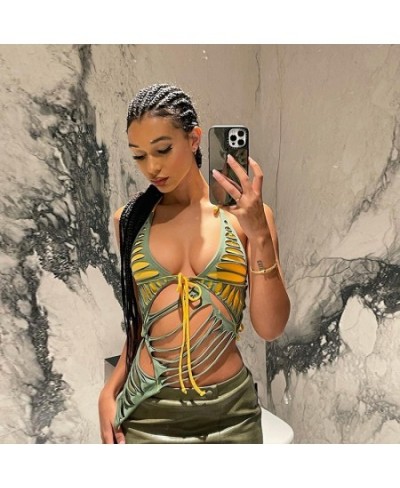 Color Patchwork Distressed Asymmetrical Crop Tops Women Sexy Hollow Out V Neck Lace Up Halter Backless Vest Casual Tanks $38....