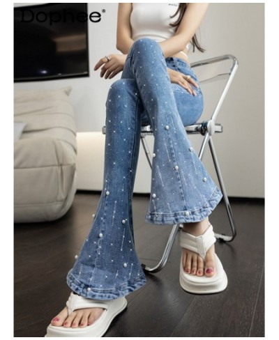 Korean High Waist Bootcut Jeans Women 2023 Spring Summer Heavy Embroidery Hot Drilling Beaded Denim Pants Stretch Slim Fit $7...