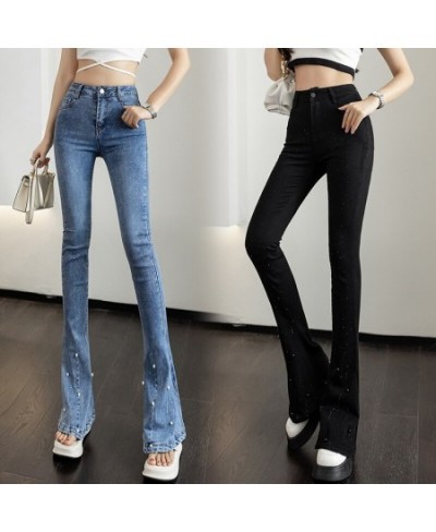 Korean High Waist Bootcut Jeans Women 2023 Spring Summer Heavy Embroidery Hot Drilling Beaded Denim Pants Stretch Slim Fit $7...