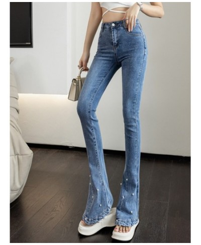 Korean High Waist Bootcut Jeans Women 2023 Spring Summer Heavy Embroidery Hot Drilling Beaded Denim Pants Stretch Slim Fit $7...