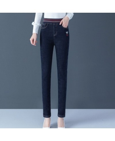 Casual Oversized 34 Denim Penicl Trousers For Women Slim Vintage Korean Jeans High Waist Embroidery Stretch Mom Cowbly Pant $...