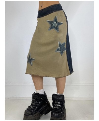 Star Patches Y2K Denim Long Skirt Contrast Color Patchwork Low Rise A Line Vintage Midi Skirts Preppy Womens Clothing $49.45 ...