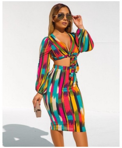 Women Long Sleeve Tie V Neck Crop Top and Midi Skirt Set Sexy Two Pieces Party Clubwear Elegant Boho Beachwear $32.38 - Suits...