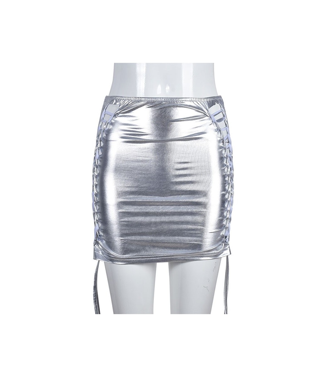 Sexy Metallic Silver Hollow Out Bodycon Mini Skirts Women Streetwear Y2k Punk Lace Up Shinny High Waist Bandage PU Tech Skirt...