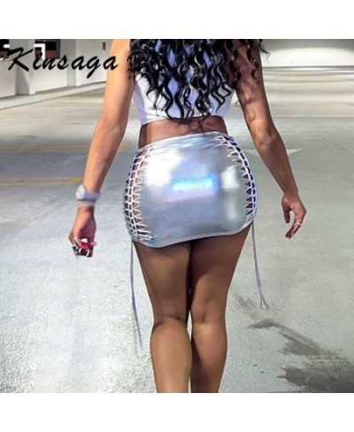 Sexy Metallic Silver Hollow Out Bodycon Mini Skirts Women Streetwear Y2k Punk Lace Up Shinny High Waist Bandage PU Tech Skirt...