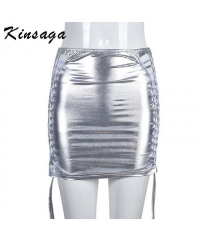 Sexy Metallic Silver Hollow Out Bodycon Mini Skirts Women Streetwear Y2k Punk Lace Up Shinny High Waist Bandage PU Tech Skirt...