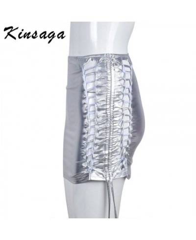 Sexy Metallic Silver Hollow Out Bodycon Mini Skirts Women Streetwear Y2k Punk Lace Up Shinny High Waist Bandage PU Tech Skirt...