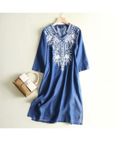 Loose Floral Embroidery Denim Dress Women V Neck Work Office Dress Vestido Mujer Casual Summer Spring Blue Jeans Dress $65.07...