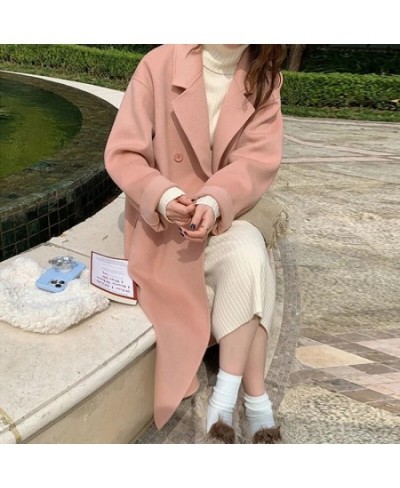 2022 Autumn Winter Woolen Coat Female Mid-Long Loose Korean Temperament Women's Fashion Casual Outerwear Wool Coats Pink $97....