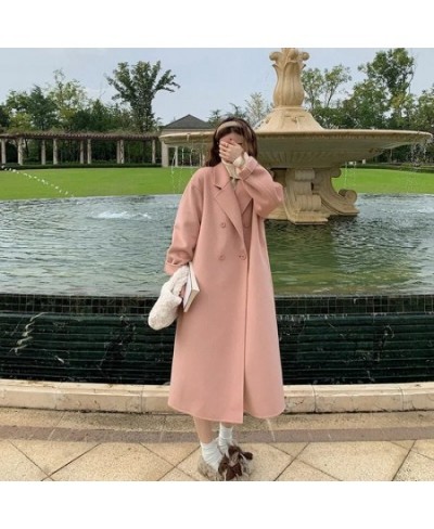 2022 Autumn Winter Woolen Coat Female Mid-Long Loose Korean Temperament Women's Fashion Casual Outerwear Wool Coats Pink $97....