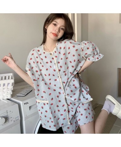 Summer Baggy Pajama Sets Women Short-sleeve Sweet Strawberry Chic Print Aesthetic Student Dormitory Sleepwear Ins Popular 2 p...