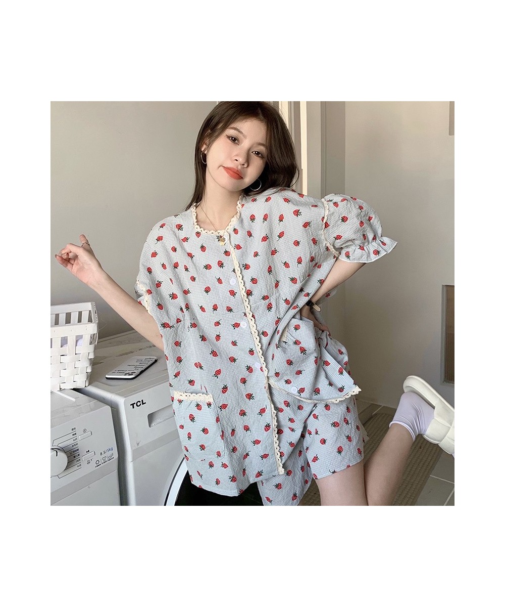 Summer Baggy Pajama Sets Women Short-sleeve Sweet Strawberry Chic Print Aesthetic Student Dormitory Sleepwear Ins Popular 2 p...