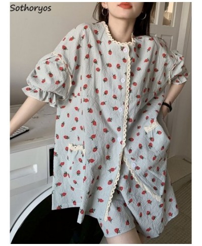 Summer Baggy Pajama Sets Women Short-sleeve Sweet Strawberry Chic Print Aesthetic Student Dormitory Sleepwear Ins Popular 2 p...