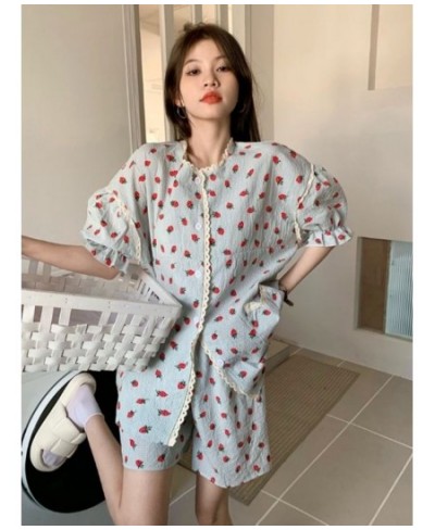 Summer Baggy Pajama Sets Women Short-sleeve Sweet Strawberry Chic Print Aesthetic Student Dormitory Sleepwear Ins Popular 2 p...