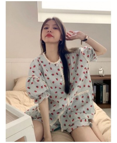 Summer Baggy Pajama Sets Women Short-sleeve Sweet Strawberry Chic Print Aesthetic Student Dormitory Sleepwear Ins Popular 2 p...