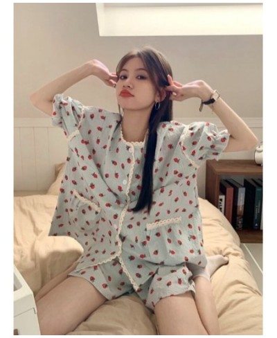 Summer Baggy Pajama Sets Women Short-sleeve Sweet Strawberry Chic Print Aesthetic Student Dormitory Sleepwear Ins Popular 2 p...