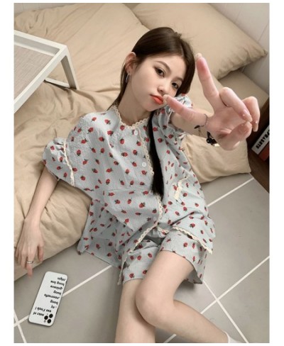 Summer Baggy Pajama Sets Women Short-sleeve Sweet Strawberry Chic Print Aesthetic Student Dormitory Sleepwear Ins Popular 2 p...