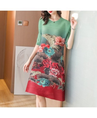 2022 Vintage Floral Print Half Sleeve Miyake Pleated Dress Women Summer Round Neck Loose Large Size Elegant Casual Female Dre...