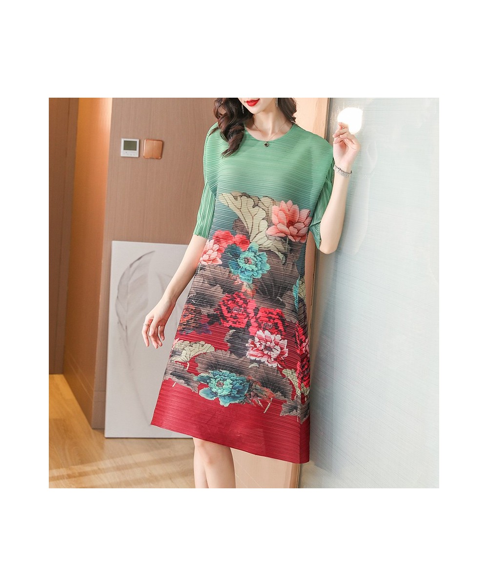 2022 Vintage Floral Print Half Sleeve Miyake Pleated Dress Women Summer Round Neck Loose Large Size Elegant Casual Female Dre...