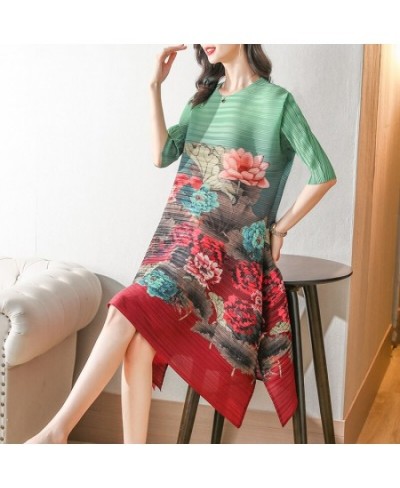 2022 Vintage Floral Print Half Sleeve Miyake Pleated Dress Women Summer Round Neck Loose Large Size Elegant Casual Female Dre...