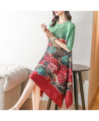 2022 Vintage Floral Print Half Sleeve Miyake Pleated Dress Women Summer Round Neck Loose Large Size Elegant Casual Female Dre...