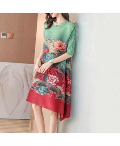 2022 Vintage Floral Print Half Sleeve Miyake Pleated Dress Women Summer Round Neck Loose Large Size Elegant Casual Female Dre...