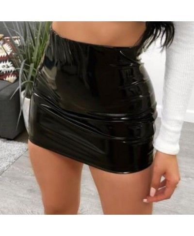 Women Sexy Skirts Glossy Patent Leather Miniskirt Solid Color Elastic Waistband Pencil Skirt Shiny Wet Look Latex Skirt $23.3...