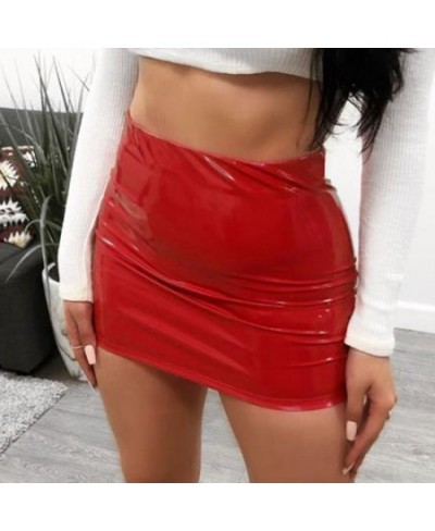 Women Sexy Skirts Glossy Patent Leather Miniskirt Solid Color Elastic Waistband Pencil Skirt Shiny Wet Look Latex Skirt $23.3...