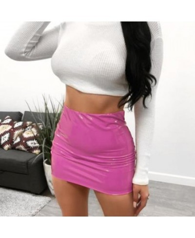 Women Sexy Skirts Glossy Patent Leather Miniskirt Solid Color Elastic Waistband Pencil Skirt Shiny Wet Look Latex Skirt $23.3...