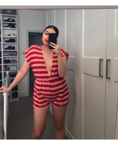 Red Striped Romper Women Jumpsuits 2023 Summer New Sleeveless Deep V-neck Backless Rompers Womens Sexy Outfits Clubwear $28.2...