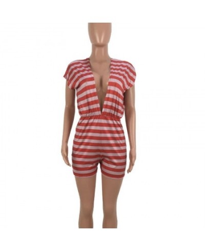 Red Striped Romper Women Jumpsuits 2023 Summer New Sleeveless Deep V-neck Backless Rompers Womens Sexy Outfits Clubwear $28.2...