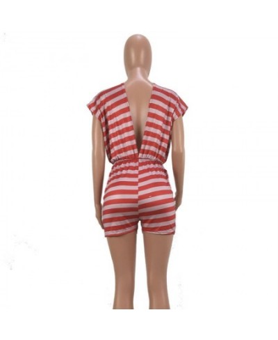 Red Striped Romper Women Jumpsuits 2023 Summer New Sleeveless Deep V-neck Backless Rompers Womens Sexy Outfits Clubwear $28.2...