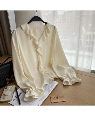 Blouses Women Long Butterfly Sleeve Ruffles V-neck Spring Fall Casual Ladies Clothing Elegant Blusas Korean Style Femme Tops ...