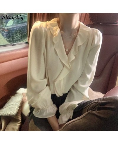 Blouses Women Long Butterfly Sleeve Ruffles V-neck Spring Fall Casual Ladies Clothing Elegant Blusas Korean Style Femme Tops ...