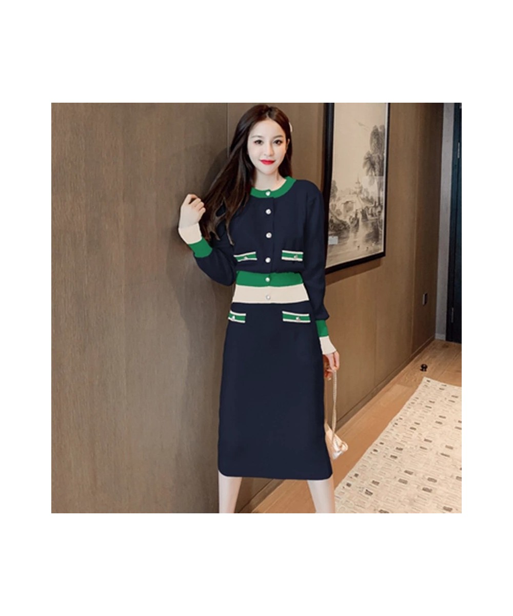 Korean Knitted 2 Pcs Skirts Set Women Single-Breasted Splicing Sweaters+Elastic Waist Skirt Suits Fall New Fashion Elegant Su...