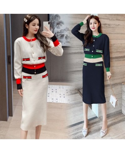 Korean Knitted 2 Pcs Skirts Set Women Single-Breasted Splicing Sweaters+Elastic Waist Skirt Suits Fall New Fashion Elegant Su...