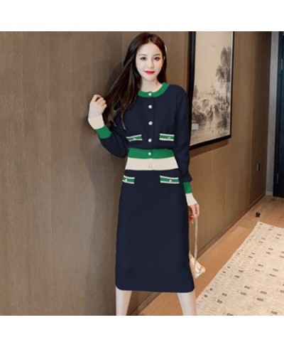 Korean Knitted 2 Pcs Skirts Set Women Single-Breasted Splicing Sweaters+Elastic Waist Skirt Suits Fall New Fashion Elegant Su...