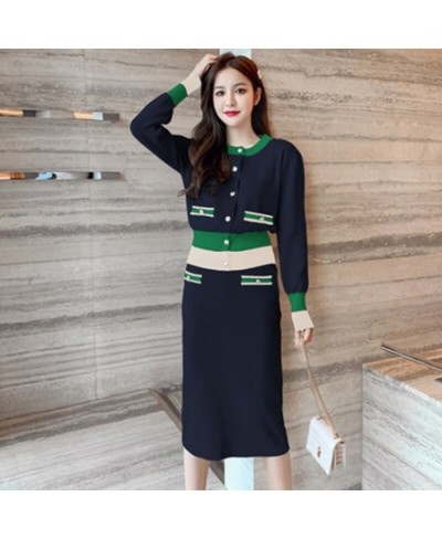 Korean Knitted 2 Pcs Skirts Set Women Single-Breasted Splicing Sweaters+Elastic Waist Skirt Suits Fall New Fashion Elegant Su...