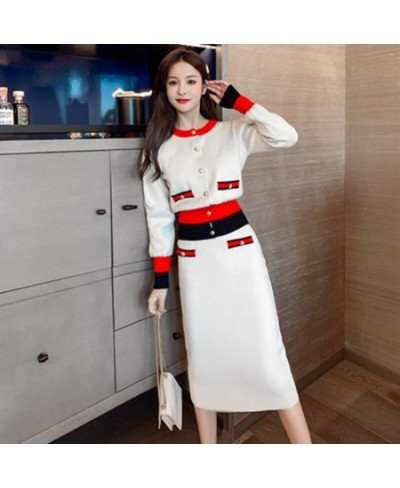 Korean Knitted 2 Pcs Skirts Set Women Single-Breasted Splicing Sweaters+Elastic Waist Skirt Suits Fall New Fashion Elegant Su...