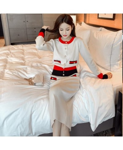 Korean Knitted 2 Pcs Skirts Set Women Single-Breasted Splicing Sweaters+Elastic Waist Skirt Suits Fall New Fashion Elegant Su...