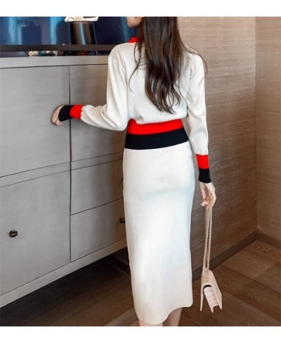 Korean Knitted 2 Pcs Skirts Set Women Single-Breasted Splicing Sweaters+Elastic Waist Skirt Suits Fall New Fashion Elegant Su...