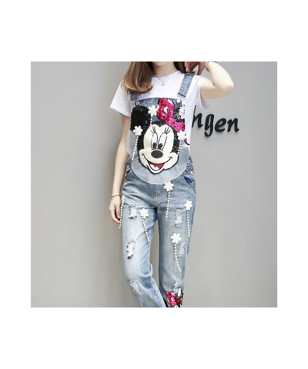 Women Cartoon Sequined Embroidery Wide Leg Loose Ripped Denim Overalls European Jumpsuit Boyfriend Hole Pocket Jeans Romper $...