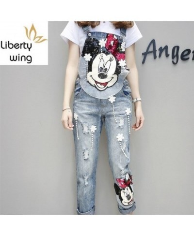 Women Cartoon Sequined Embroidery Wide Leg Loose Ripped Denim Overalls European Jumpsuit Boyfriend Hole Pocket Jeans Romper $...