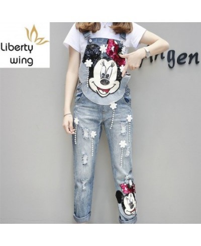 Women Cartoon Sequined Embroidery Wide Leg Loose Ripped Denim Overalls European Jumpsuit Boyfriend Hole Pocket Jeans Romper $...